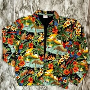 Surf Crush Tiki Vtg Sz S Hawaiian Print Zip Up Jacket CB Casual Macaw Tropical